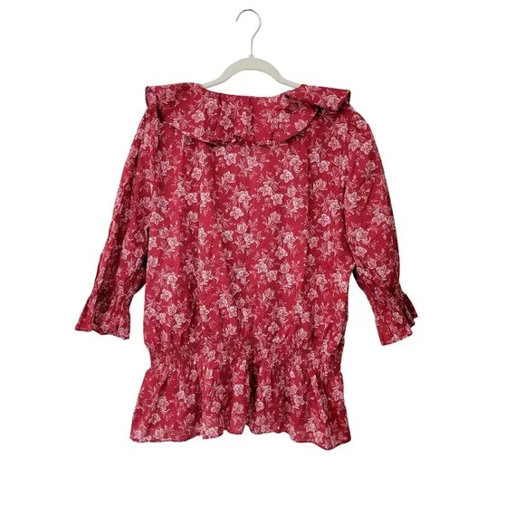 Lauren Ralph Lauren Womens XXL Red & White Floral Ruffle Blouse 3/4 Sleeves Ligh - Picture 2 of 6
